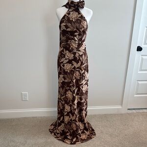 Dress the Population Olivia Floral Halter Neck Elegant Brown Floral Dress